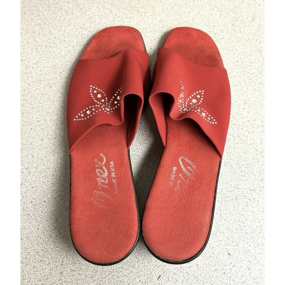 Onex Women's 1970's Vintage‎ Red Heel Suedes Leather Slide Rhinestones Size 9